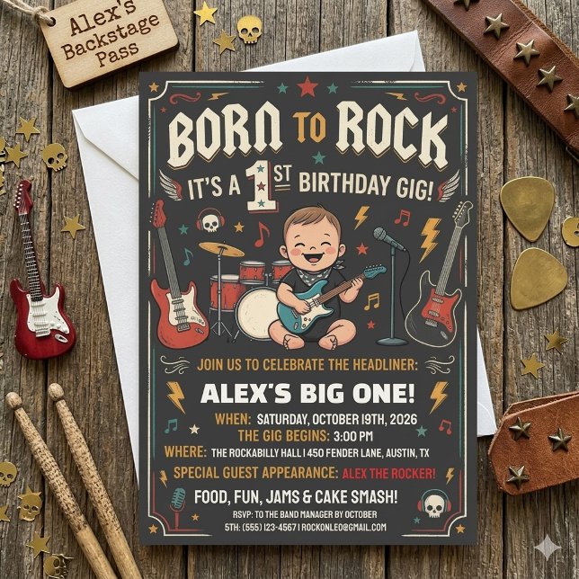 Invitation d'anniversaire 1 an 'Née pour le Rock' (Créateur téléchargé)