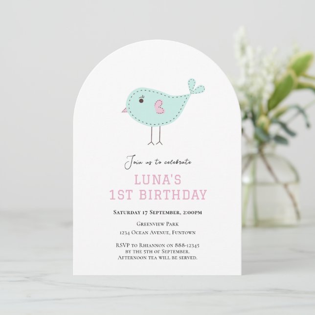 Invitation d'anniversaire 1 an Oiseau Bleu Pastel (Debout devant)