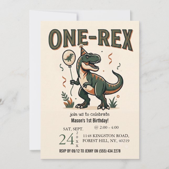 Invitation d'anniversaire 1 an One-Rex dinosaure m (Devant)