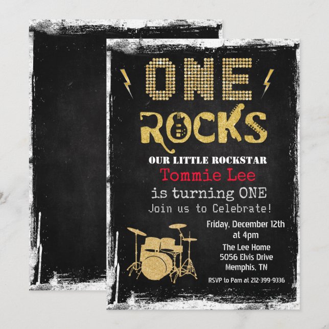 Invitation d'anniversaire 1 an One Rocks Rockstar  (Devant / Derrière)