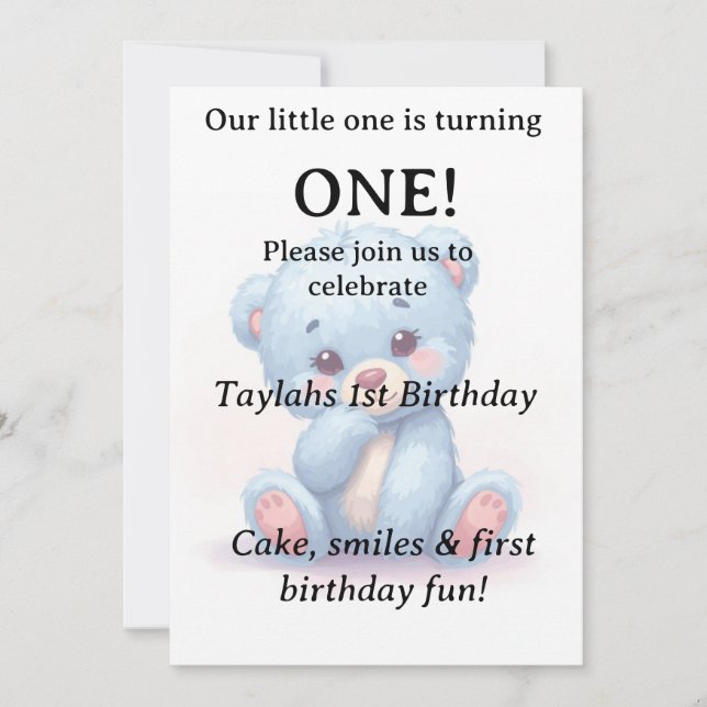 Invitation d'anniversaire 1 an Ourson Bleu  (Devant)