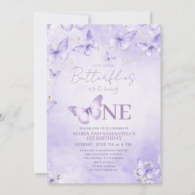 Invitation d'anniversaire 1 an Papillon Lavande (Devant)