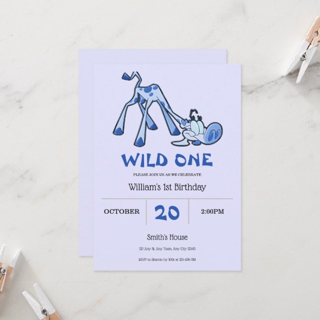 Invitation d'anniversaire 1 an pour girafe tacheté (Devant/Arrière en situation)
