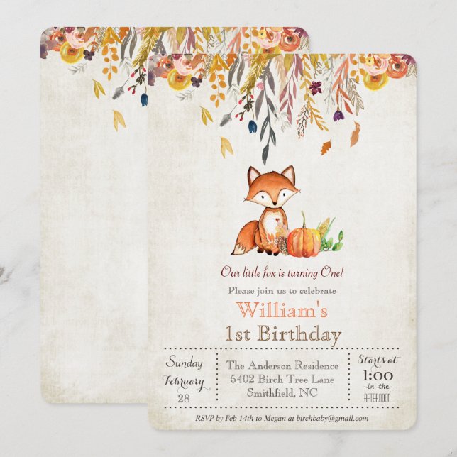 Invitation d'anniversaire 1 an Renard et Citrouill (Devant / Derrière)
