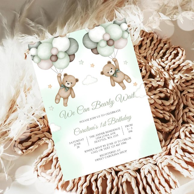 Invitation d'anniversaire 1 an Teddy Bear Balloon (Créateur téléchargé)