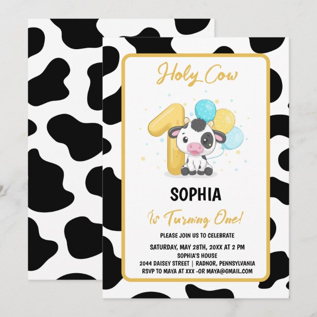 Invitation d'anniversaire 1 an Vache Sainte Je sui (Devant / Derrière)