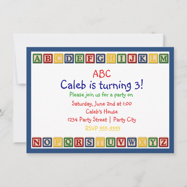 Invitation d'anniversaire 1ère ABC Blocs Alphabet (Devant)