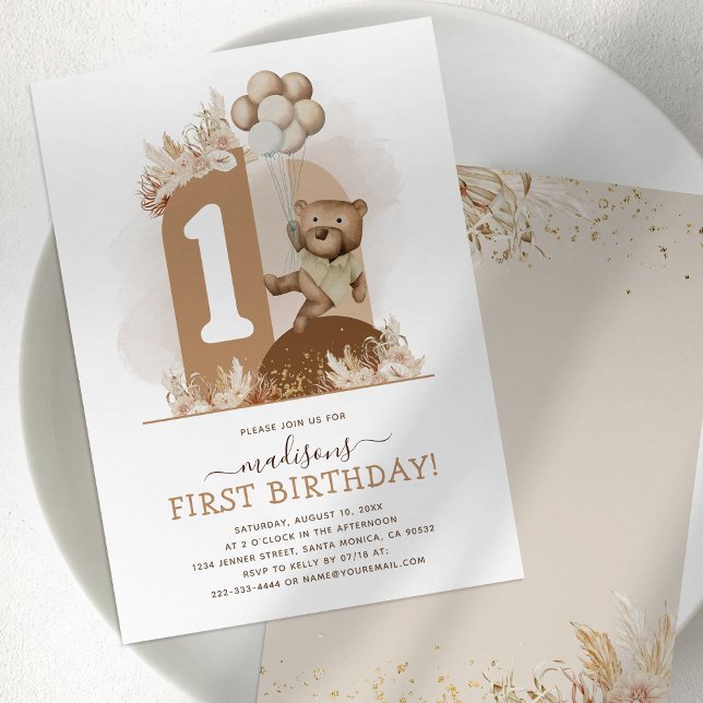 Invitation d'anniversaire 1ère année Boho Bear (Créateur téléchargé)