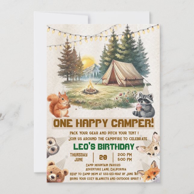 Invitation d'anniversaire 1ère année Camping Anima (Devant)