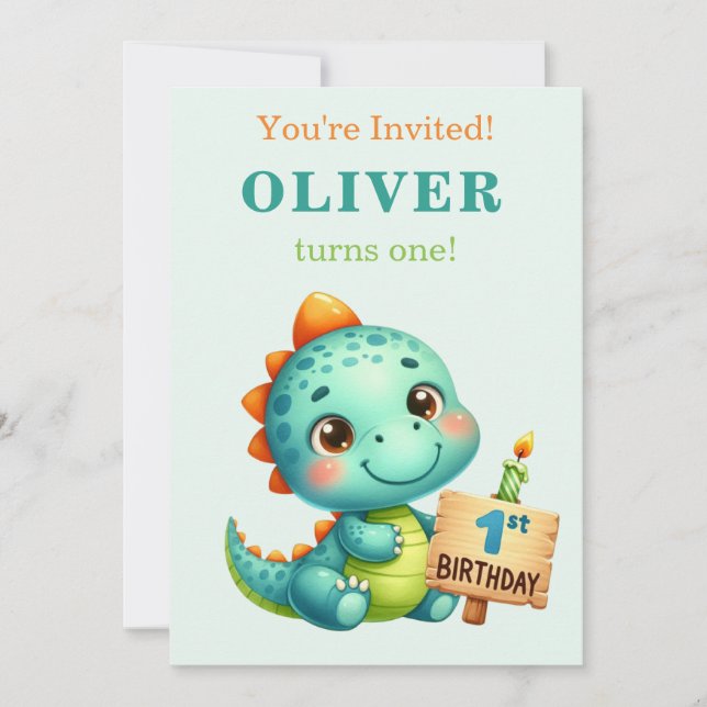 Invitation d'anniversaire 1ère année de dinosaure  (Devant)