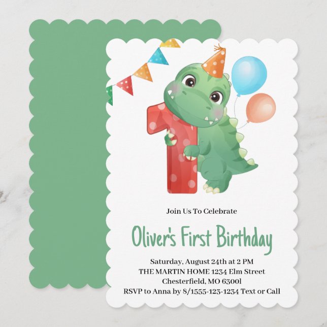 Invitation d'anniversaire 1ère année Dinosaure (Devant / Derrière)