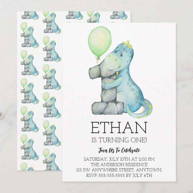 Invitation d'anniversaire 1ère année dinosaure aqu (Devant / Derrière)