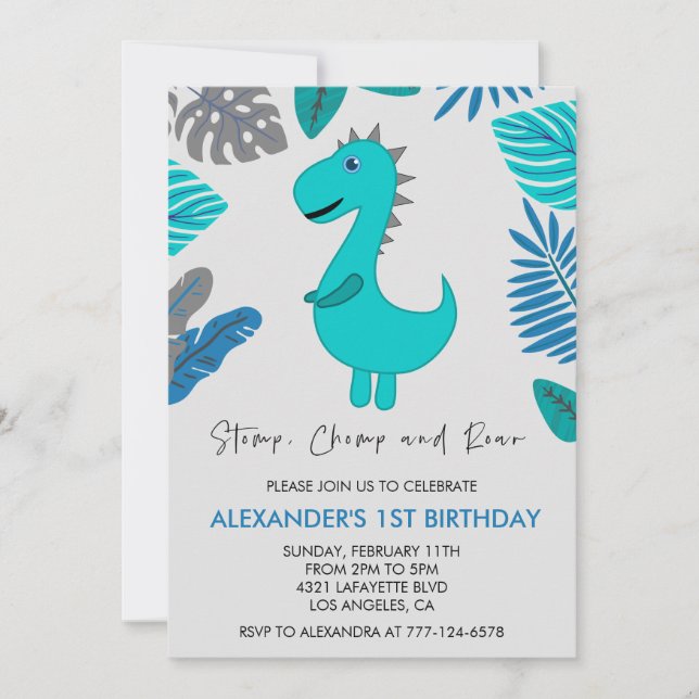 Invitation d'anniversaire 1ère année dinosaure pié (Devant)