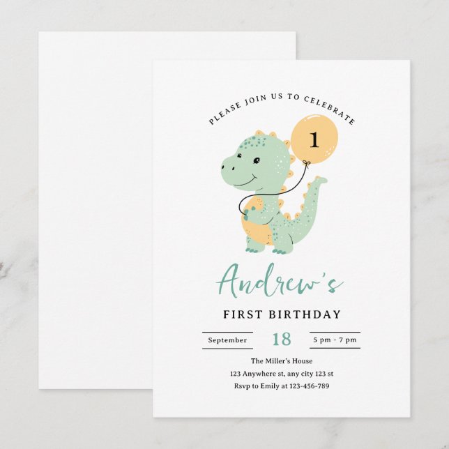 Invitation d'anniversaire 1ère année Dinosaure, T  (Devant / Derrière)