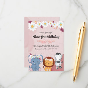 Invitation d'anniversaire 1ère année éléphant lion