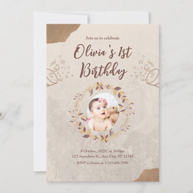 Invitation d'anniversaire 1ère année en papier déc (Devant)