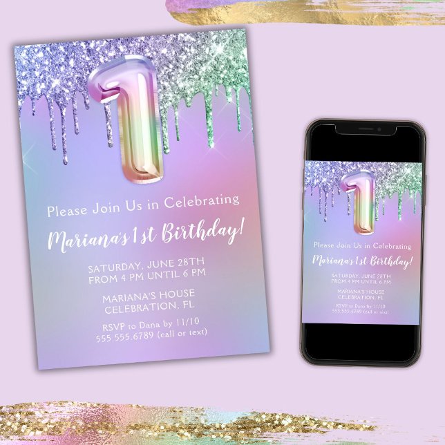Invitation d'anniversaire 1ère année Fête Rose Vio (Créateur téléchargé)
