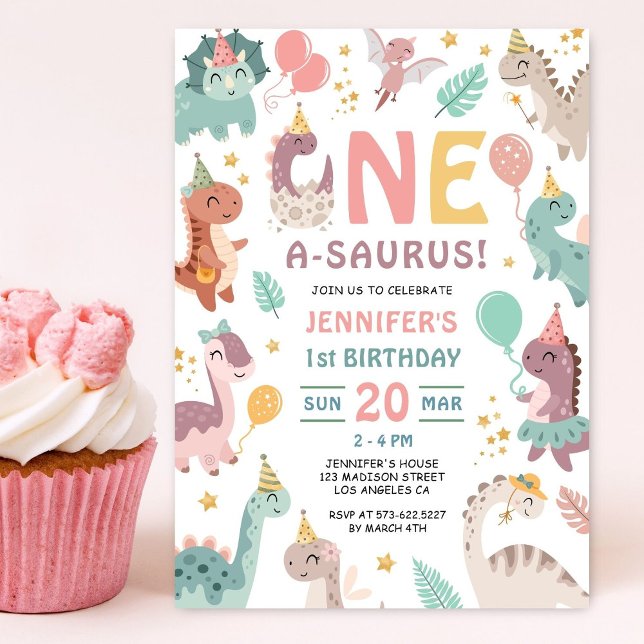 Invitation d'anniversaire 1ère année Fille aux din (Créateur téléchargé)