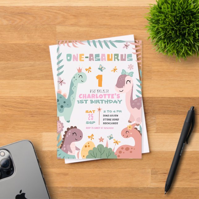 Invitation d'anniversaire 1ère année fille dinosau (Insitu (Carte d'invitation))