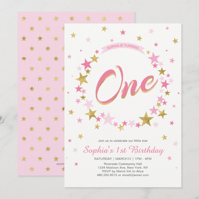 Invitation d'anniversaire 1ère année Fille | Étoil (Devant / Derrière)