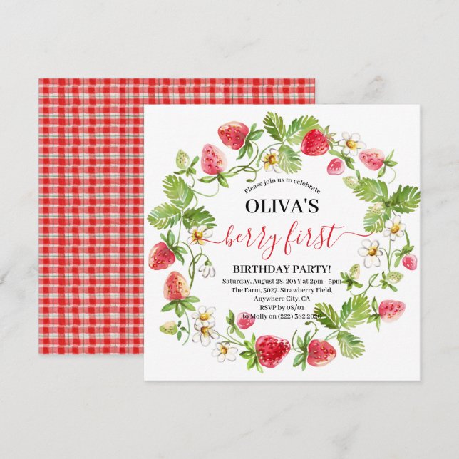 Invitation d'anniversaire 1ère année fraise aquare (Devant / Derrière)