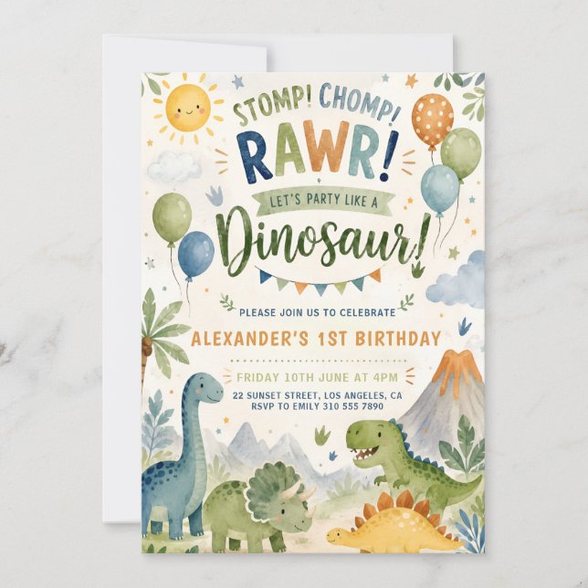 Invitation d'anniversaire 1ère année garçon dinosa (Devant)