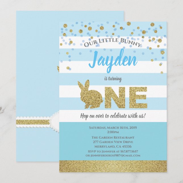 Invitation d'anniversaire 1ère année garçon lapin  (Devant / Derrière)