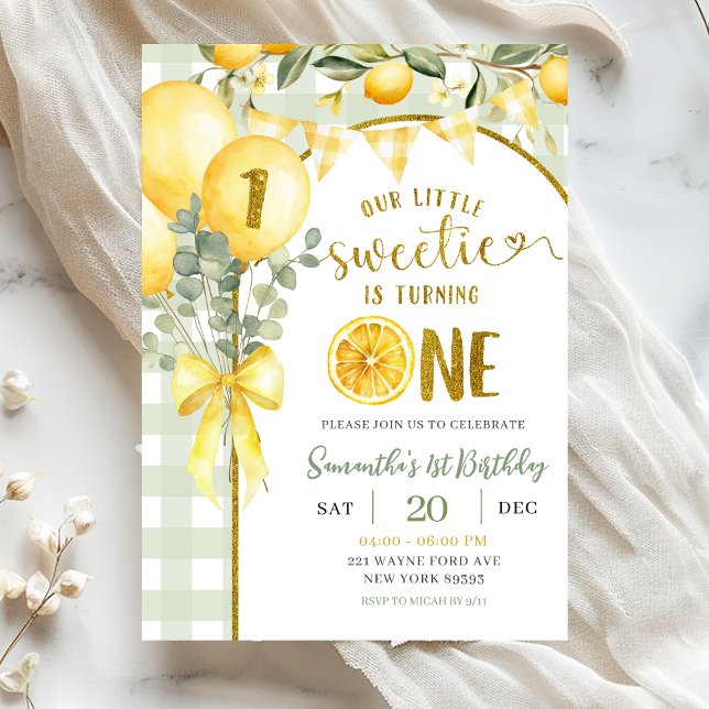 Invitation d'anniversaire 1ère année Gingham Citro (Créateur téléchargé)