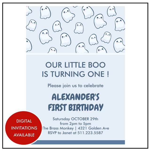 Invitation d'anniversaire 1ère année Halloween fan (Halloween-1st-birthday-invitation-ghost-little-boo-1)