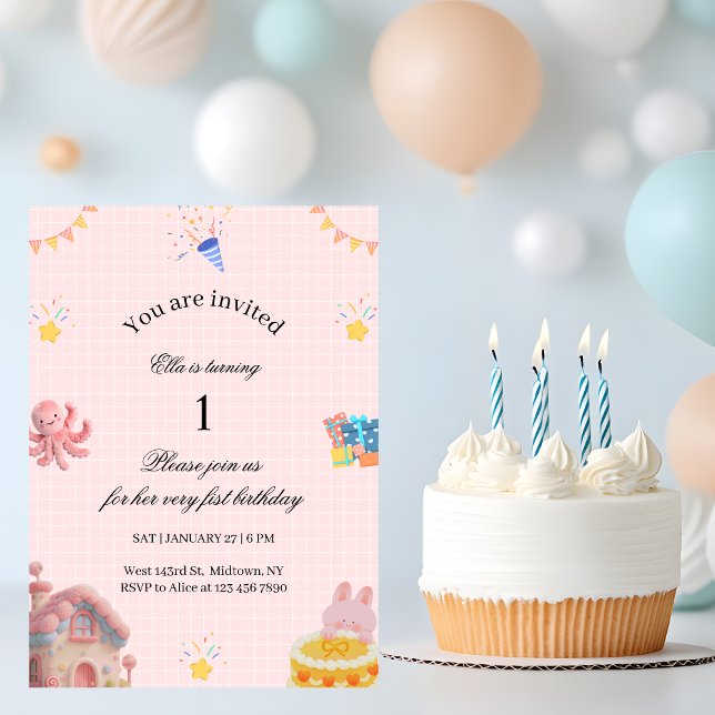 Invitation d'anniversaire 1ère année Rose  (Créateur téléchargé)