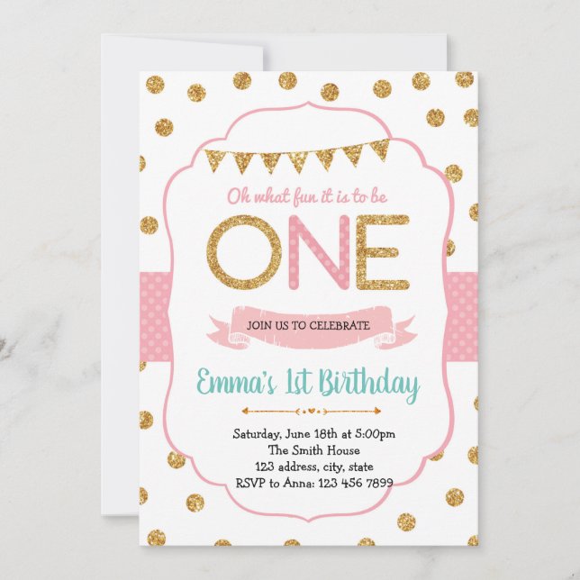 Invitation d'anniversaire 1ère année rose à pois e (Devant)