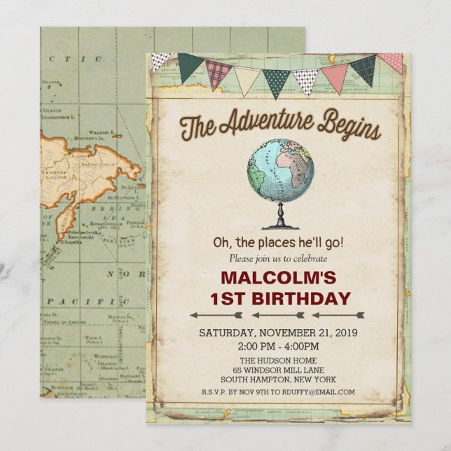 Invitation d'anniversaire 1ère année Vintage Globe (Devant / Derrière)