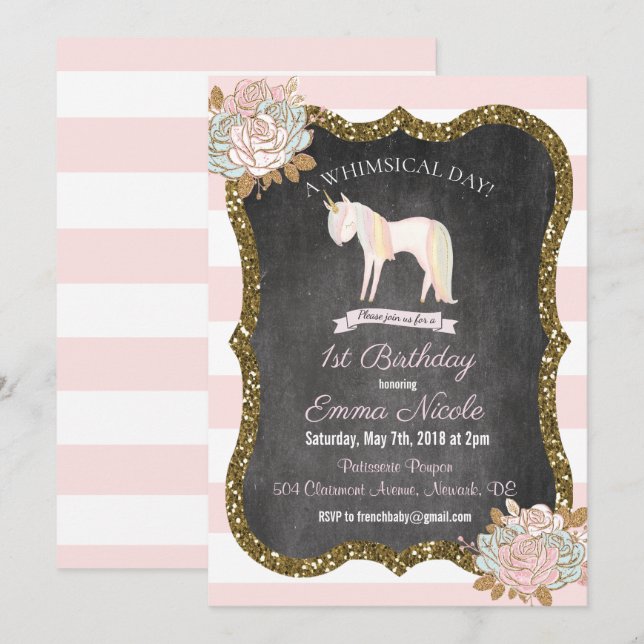 Invitation d'anniversaire 1ère licorne pailletée (Devant / Derrière)