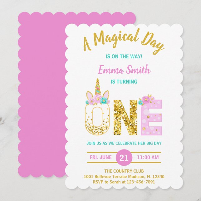 Invitation d'anniversaire 1ère licorne rose avec p (Devant / Derrière)
