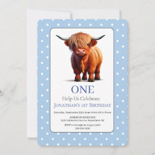 Invitation d'anniversaire 1ère vache Highland bleu