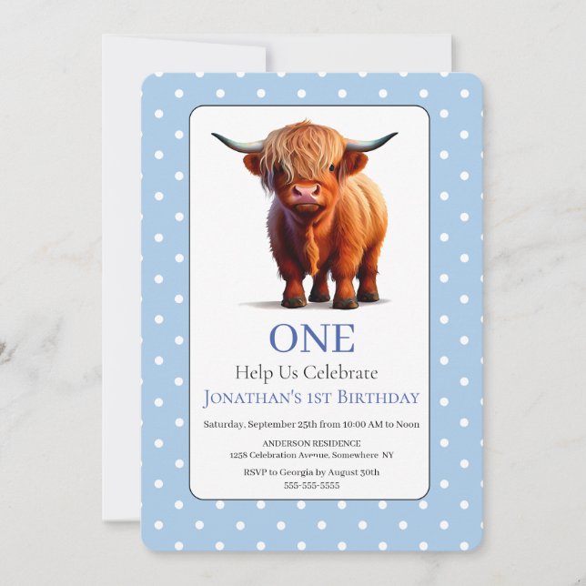 Invitation d'anniversaire 1ère vache Highland bleu (Devant)