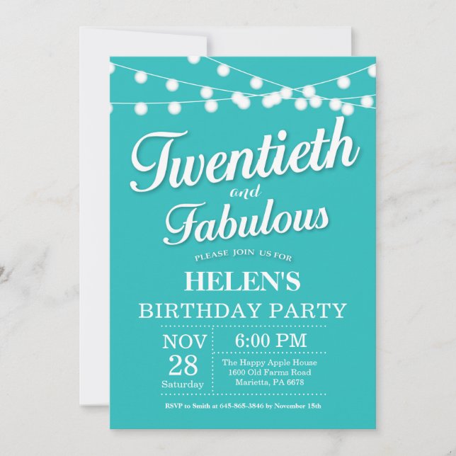Invitation d'anniversaire 20 ans Aqua Turquoise Fa (Devant)