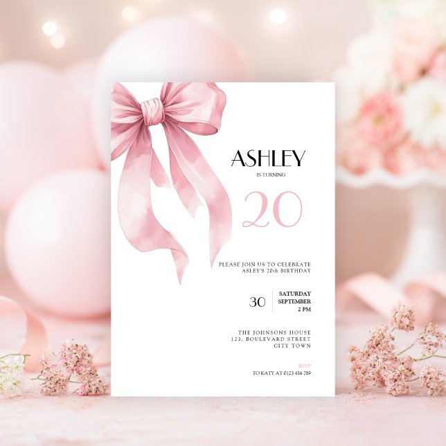 Invitation d'anniversaire 20 ans avec un nœud rose (Pink bow 20th birthday invitation for girls.)