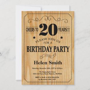 Invitation d'anniversaire 20 ans Bois Rustique