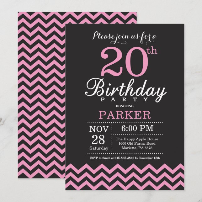 Invitation d'anniversaire 20 ans Chevron noir et r (Devant / Derrière)