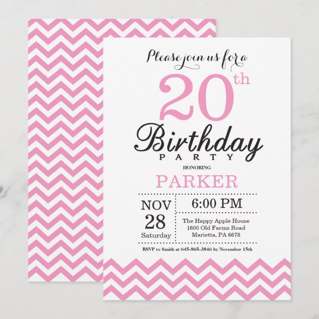 Invitation d'anniversaire 20 ans Chevron rose (Devant / Derrière)