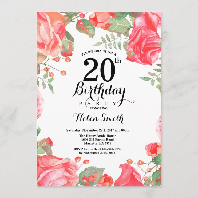 Invitation d'anniversaire 20 ans Fleur Rouge Botan (Devant)