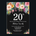 Invitation d'anniversaire 20 ans Floral<br><div class="desc">Invitation d'anniversaire 20 ans Floral pour femmes. Fleur florale aquarelle. Fond tableau noir. Fleur rose,  jaune,  orange,  violette. Anniversaire adulte. Pour une personnalisation supplémentaire,  veuillez cliquer sur le bouton "Personnaliser" et utiliser notre outil de conception pour modifier ce modèle.</div>