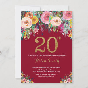 Invitation d'anniversaire 20 ans Floral Bourgogne