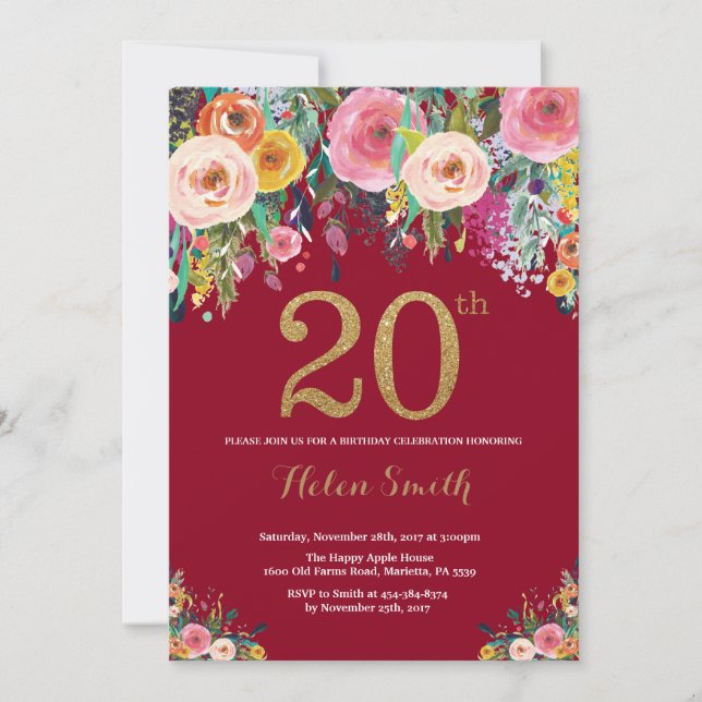 Invitation d'anniversaire 20 ans Floral Bourgogne  (Devant)