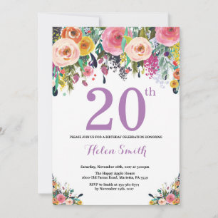Invitation d'anniversaire 20 ans Floral Violet
