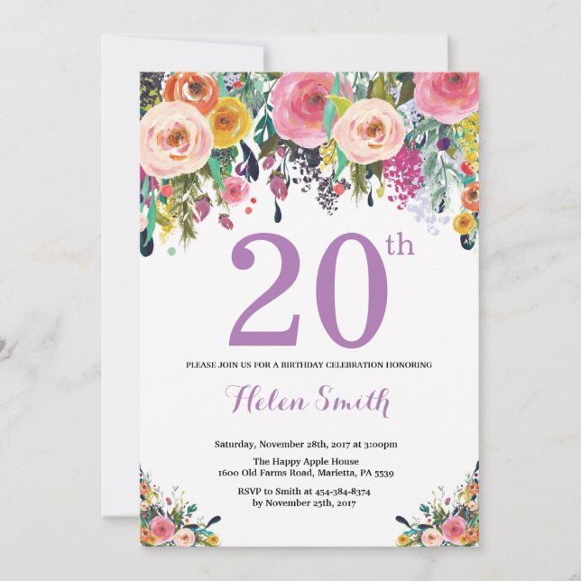 Invitation d'anniversaire 20 ans Floral Violet (Devant)
