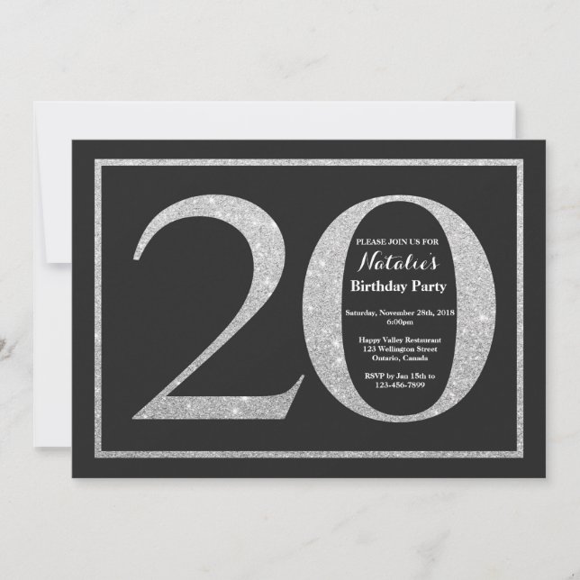 Invitation d'anniversaire 20 ans Glitter Argent Ta (Devant)