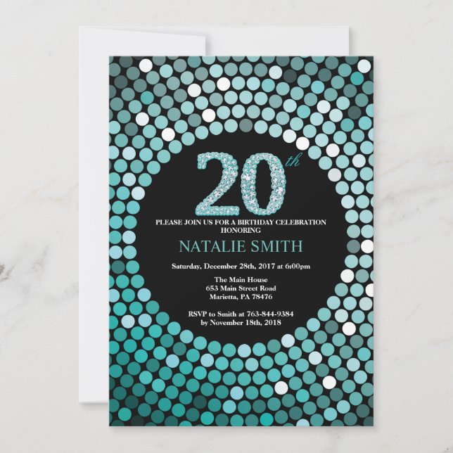 Invitation d'anniversaire 20 ans Noir et Paillette (Devant)