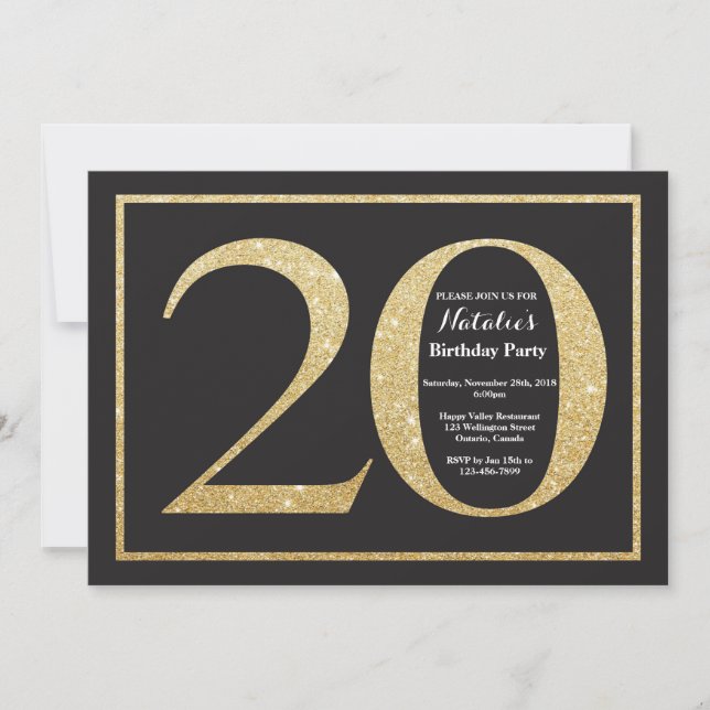 Invitation d'anniversaire 20 ans Paillettes dorées (Devant)